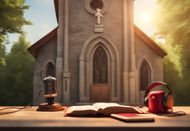 Igreja católica com torre de sino e uma mesa com microfone vintage, fones de ouvido, bíblia e vela acesa, representando a criação de rádio para paróquias.