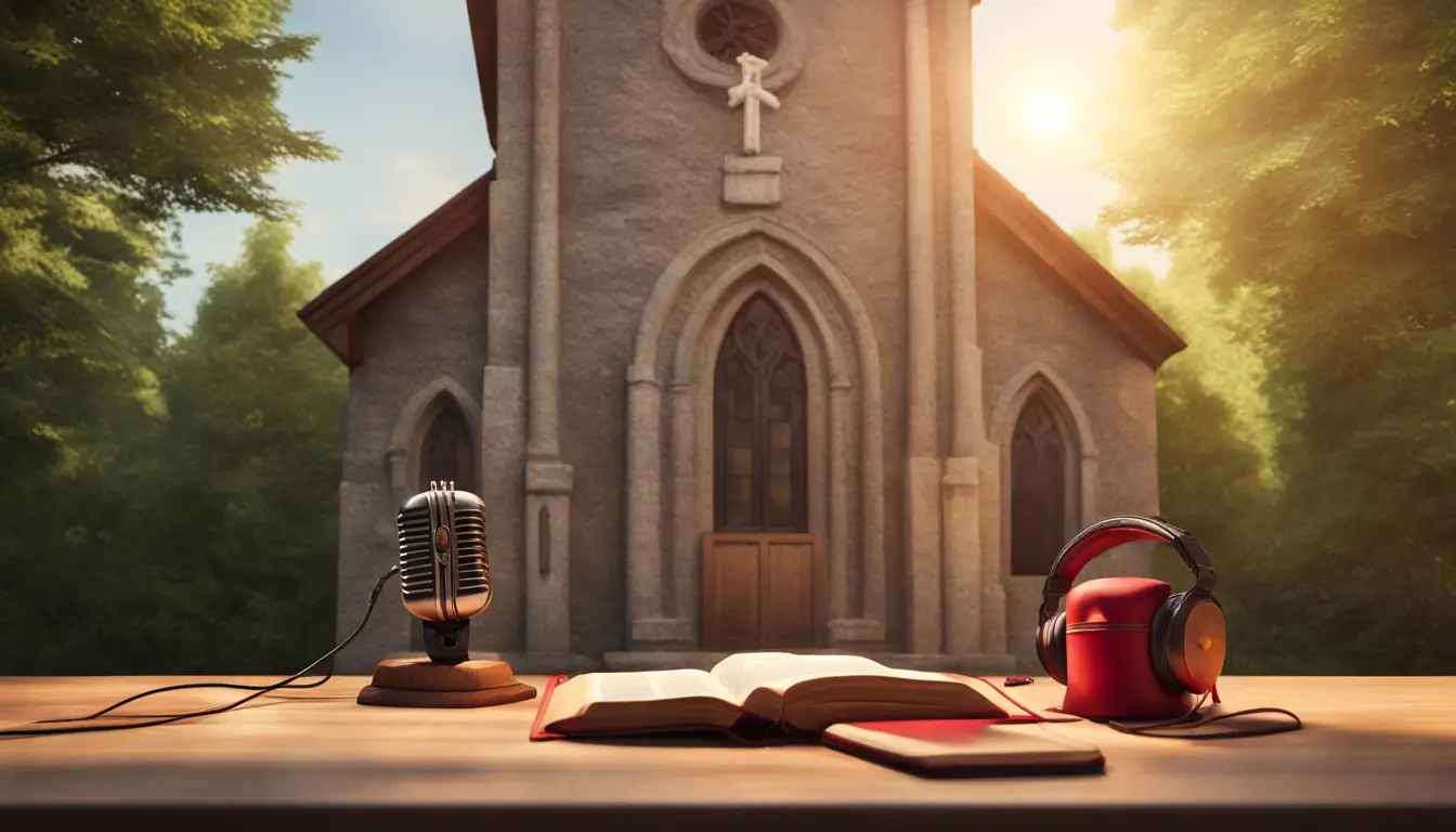 Igreja católica com torre de sino e uma mesa com microfone vintage, fones de ouvido, bíblia e vela acesa, representando a criação de rádio para paróquias.