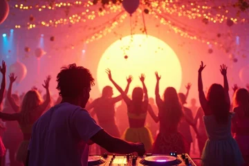 Cena de carnaval com DJ, pessoas dançando, rádio decorada e fogos de artifício ao pôr do sol.