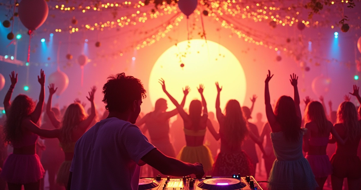 Cena de carnaval com DJ, pessoas dançando, rádio decorada e fogos de artifício ao pôr do sol.